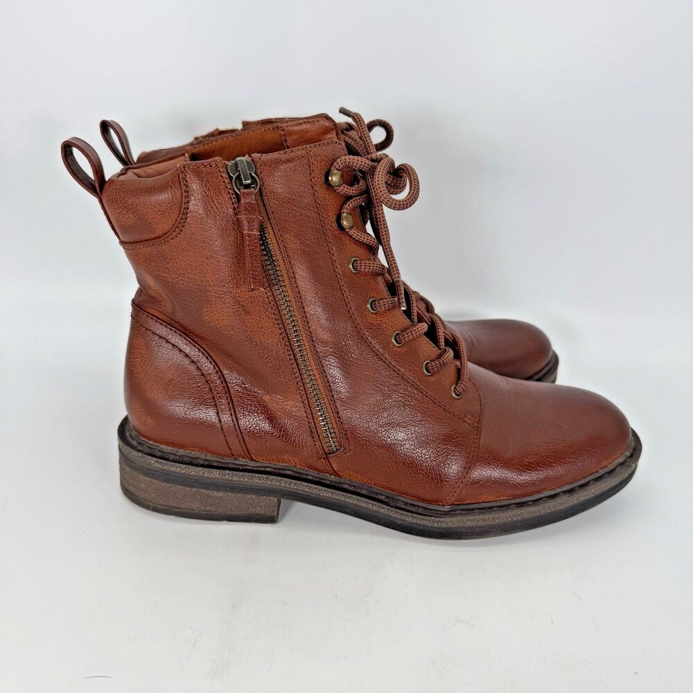 Baretraps AmySue Women’s Brown Combat Boots 9M Faux Leather Lace-Up Side Zipper